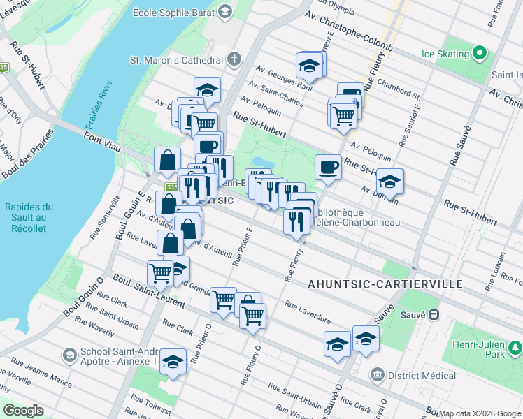 map of restaurants, bars, coffee shops, grocery stores, and more near 550 Rue Prieur Est in Montréal