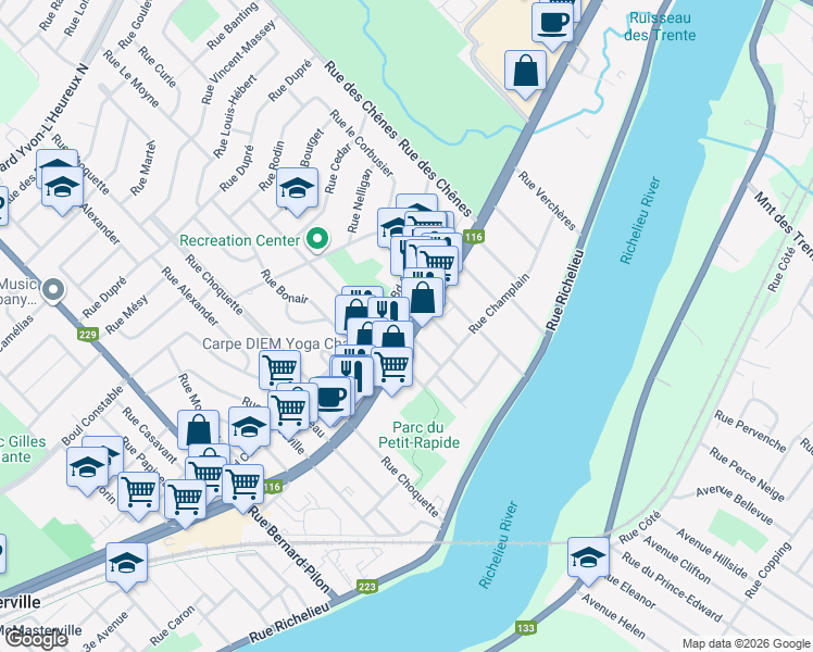 map of restaurants, bars, coffee shops, grocery stores, and more near 246 Québec 116 in Beloeil