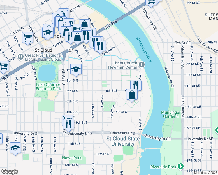 map of restaurants, bars, coffee shops, grocery stores, and more near 525 4th Avenue South in St. Cloud