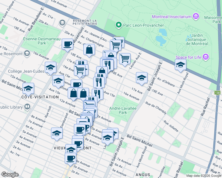 map of restaurants, bars, coffee shops, grocery stores, and more near 5310 16e Avenue in Montréal