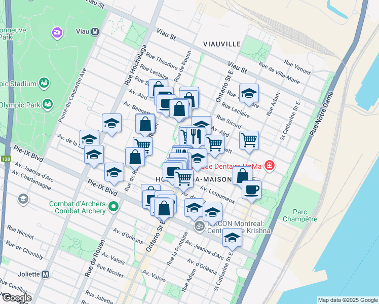 map of restaurants, bars, coffee shops, grocery stores, and more near 4445 Rue Ontario Est in Montréal
