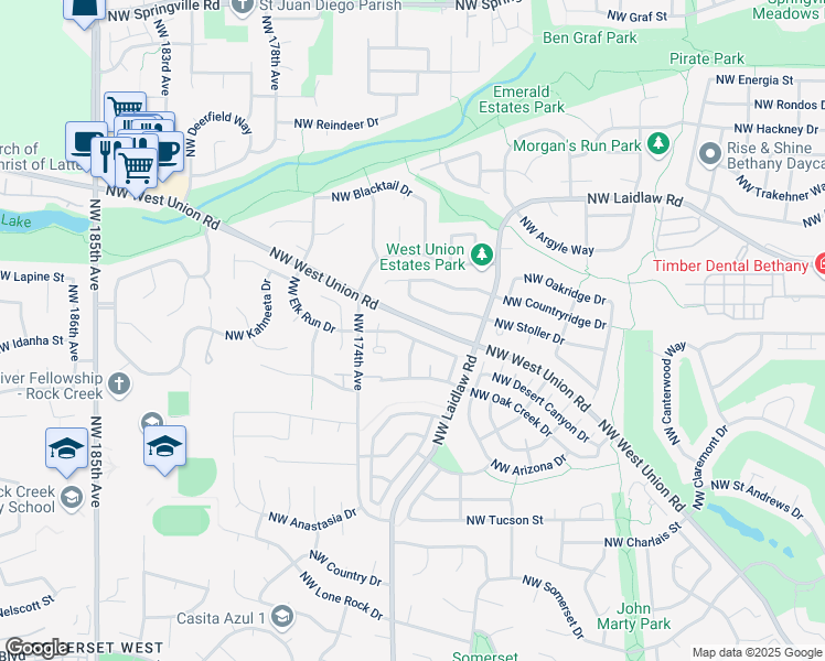 map of restaurants, bars, coffee shops, grocery stores, and more near 17167 Northwest Elk Run Drive in Beaverton