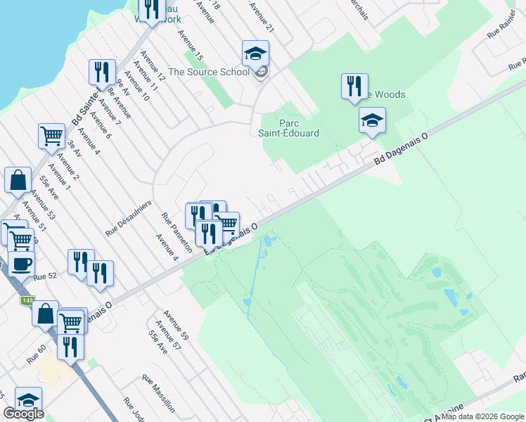 map of restaurants, bars, coffee shops, grocery stores, and more near 4611 Boulevard Dagenais Ouest in Laval