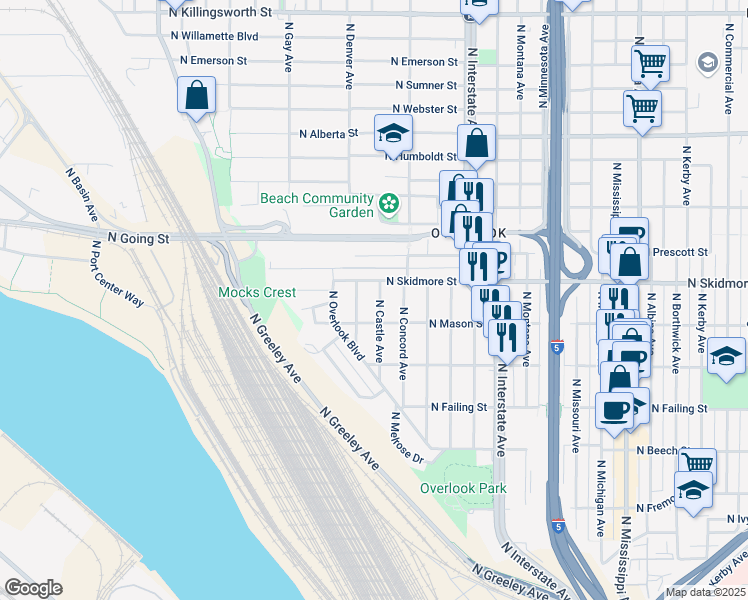 map of restaurants, bars, coffee shops, grocery stores, and more near 4105 North Castle Avenue in Portland