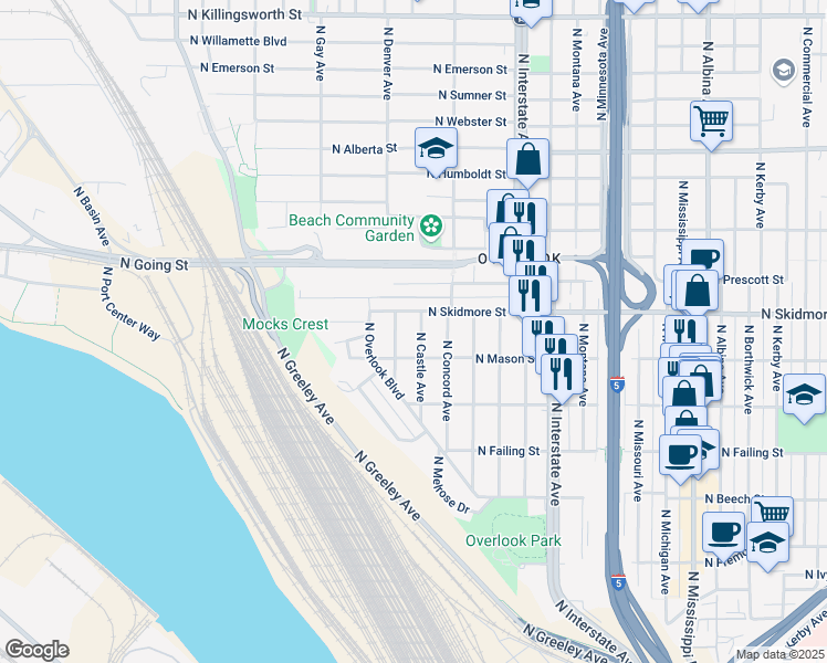 map of restaurants, bars, coffee shops, grocery stores, and more near 4105 North Castle Avenue in Portland