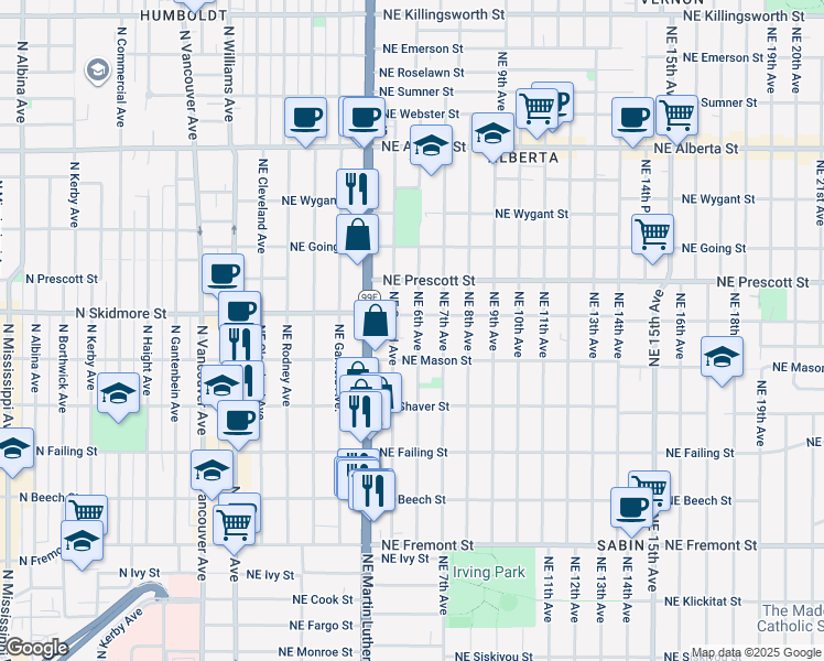 map of restaurants, bars, coffee shops, grocery stores, and more near 603 Northeast Mason Street in Portland