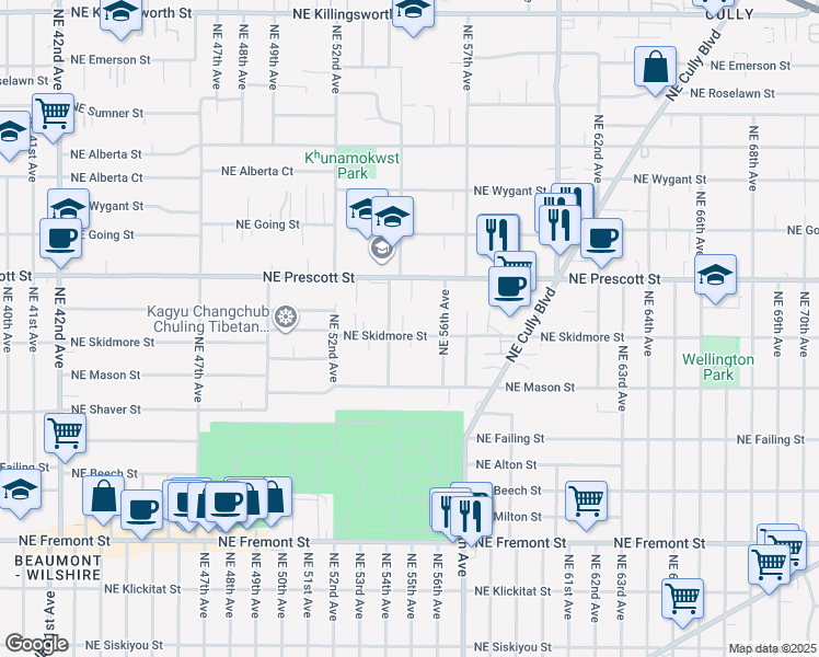 map of restaurants, bars, coffee shops, grocery stores, and more near 5435 Northeast Skidmore Street in Portland