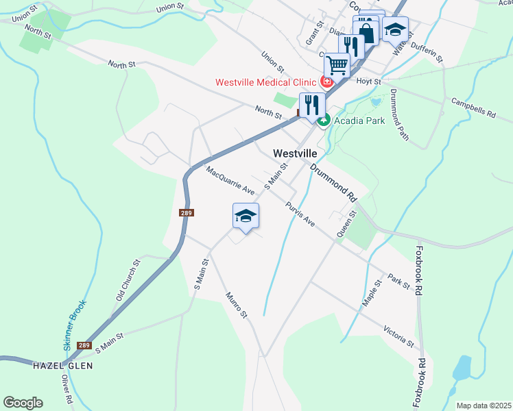 map of restaurants, bars, coffee shops, grocery stores, and more near 2103 South Main Street in Westville
