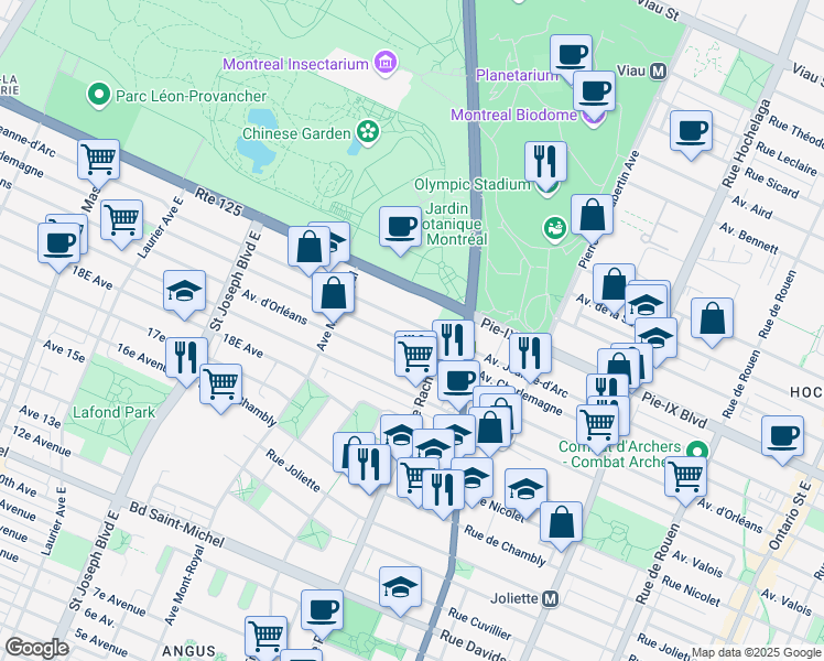 map of restaurants, bars, coffee shops, grocery stores, and more near 4368 Avenue Jeanne-d'Arc in Montréal