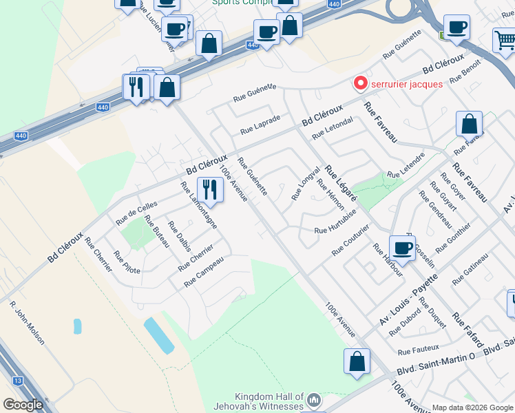 map of restaurants, bars, coffee shops, grocery stores, and more near 2515 100e Avenue in Laval