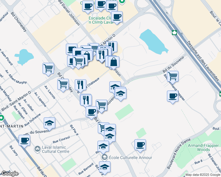 map of restaurants, bars, coffee shops, grocery stores, and more near 3247 Boulevard du Souvenir in Laval