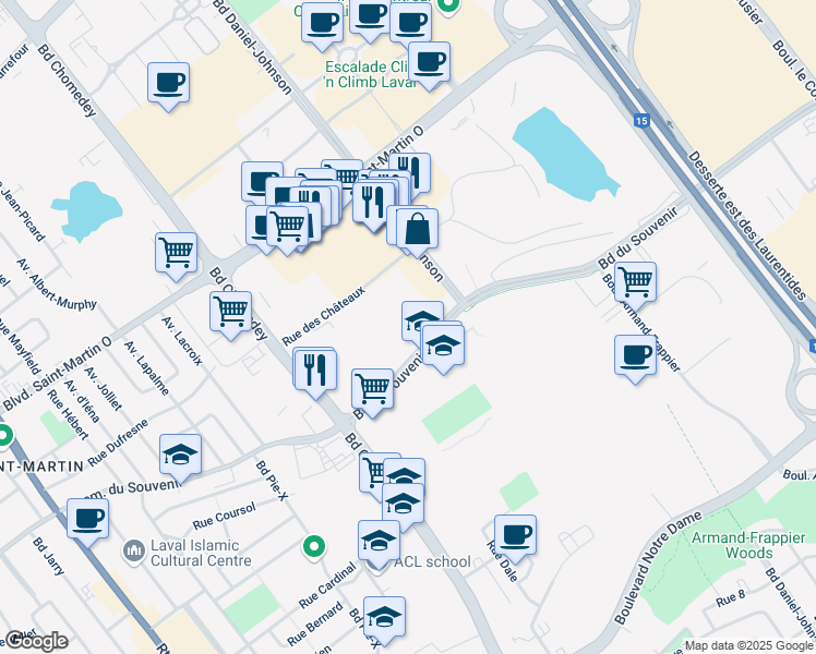 map of restaurants, bars, coffee shops, grocery stores, and more near 3247 Boulevard du Souvenir in Laval