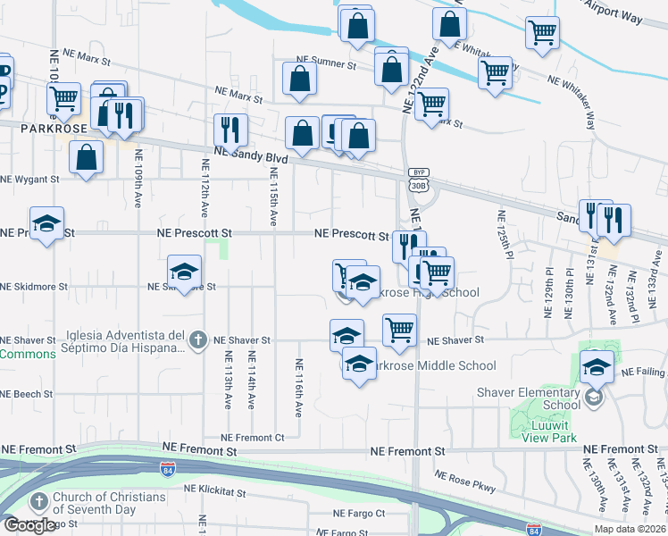 map of restaurants, bars, coffee shops, grocery stores, and more near 12003 NE Shaver St in Portland