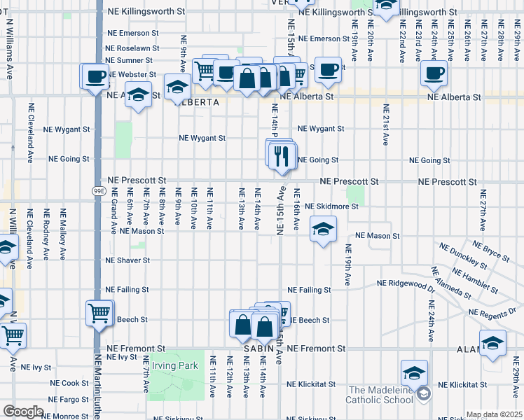 map of restaurants, bars, coffee shops, grocery stores, and more near 4115 Northeast 14th Avenue in Portland