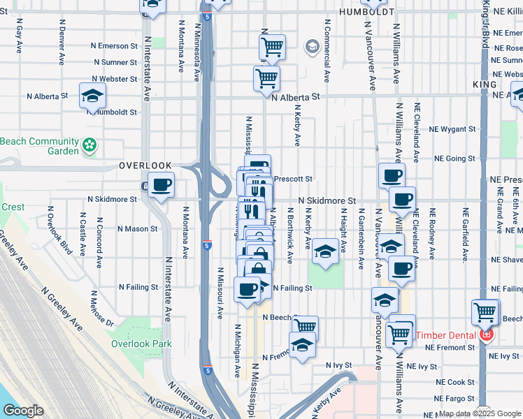 map of restaurants, bars, coffee shops, grocery stores, and more near 4220 North Mississippi Avenue in Portland