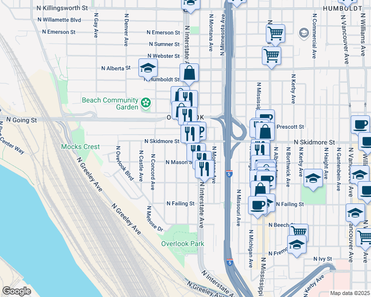 map of restaurants, bars, coffee shops, grocery stores, and more near 4104 North Massachusetts Avenue in Portland