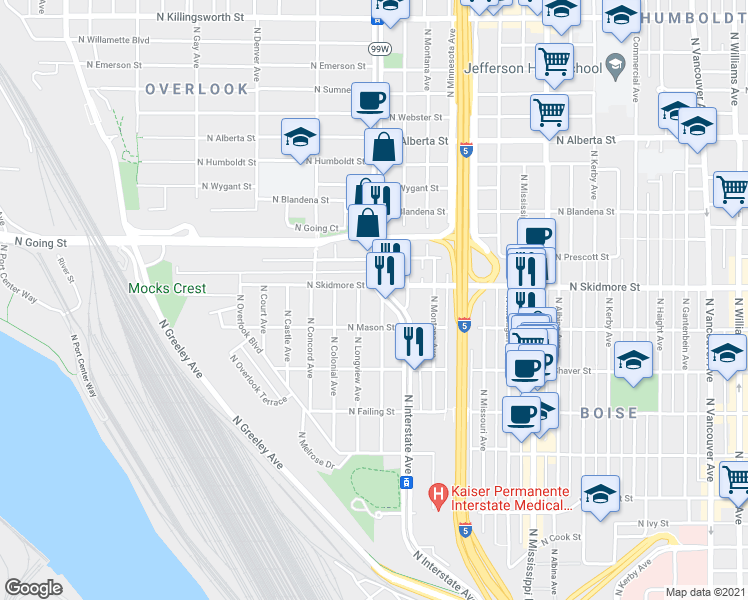 map of restaurants, bars, coffee shops, grocery stores, and more near 4104 North Massachusetts Avenue in Portland