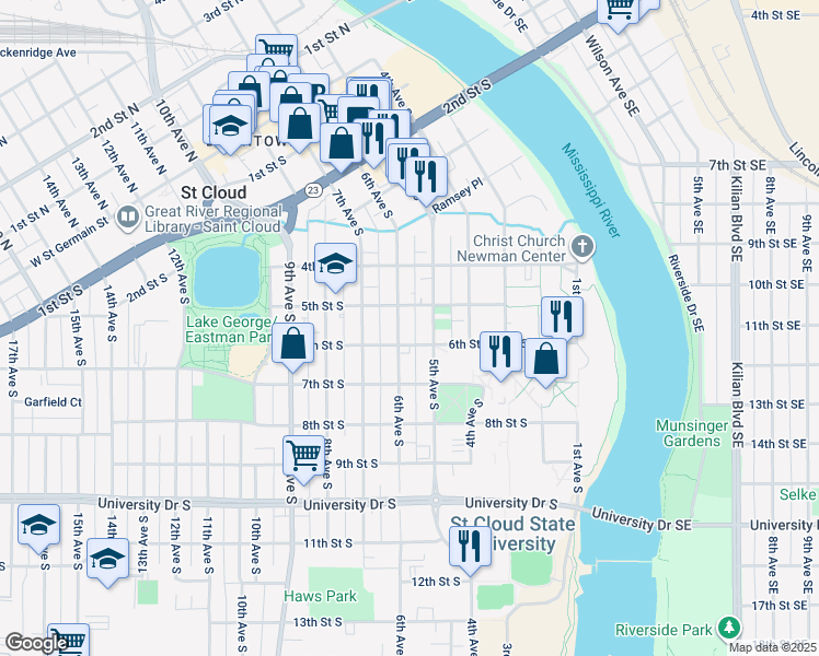 map of restaurants, bars, coffee shops, grocery stores, and more near 605 5th Avenue South in St. Cloud