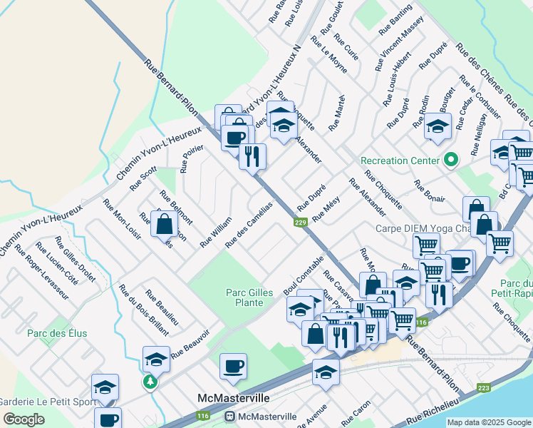 map of restaurants, bars, coffee shops, grocery stores, and more near 50 Rue des Camélias in McMasterville
