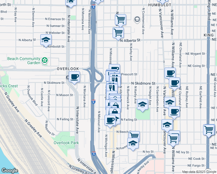 map of restaurants, bars, coffee shops, grocery stores, and more near 4216 North Michigan Avenue in Portland