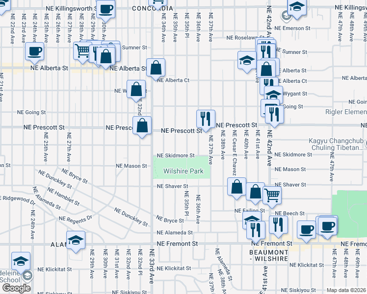 map of restaurants, bars, coffee shops, grocery stores, and more near 4305 Northeast 35th Place in Portland