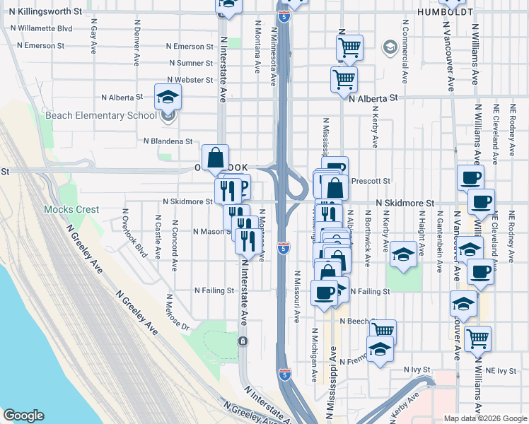 map of restaurants, bars, coffee shops, grocery stores, and more near 1226 North Mason Street in Portland