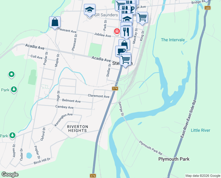 map of restaurants, bars, coffee shops, grocery stores, and more near 12 Claremont Avenue in Stellarton