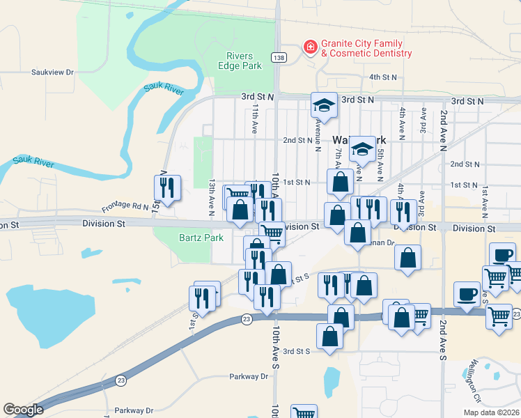 map of restaurants, bars, coffee shops, grocery stores, and more near 1001 Division Street in Waite Park