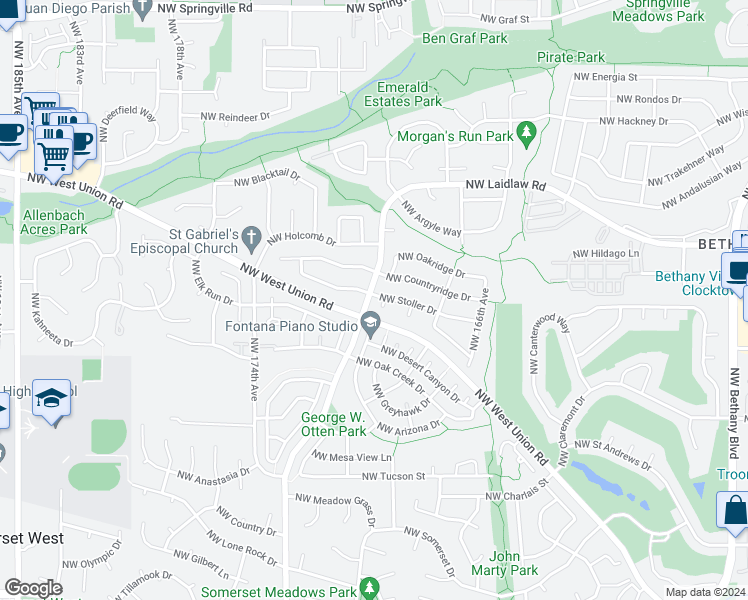 map of restaurants, bars, coffee shops, grocery stores, and more near 16986 Northwest Stoller Drive in Portland