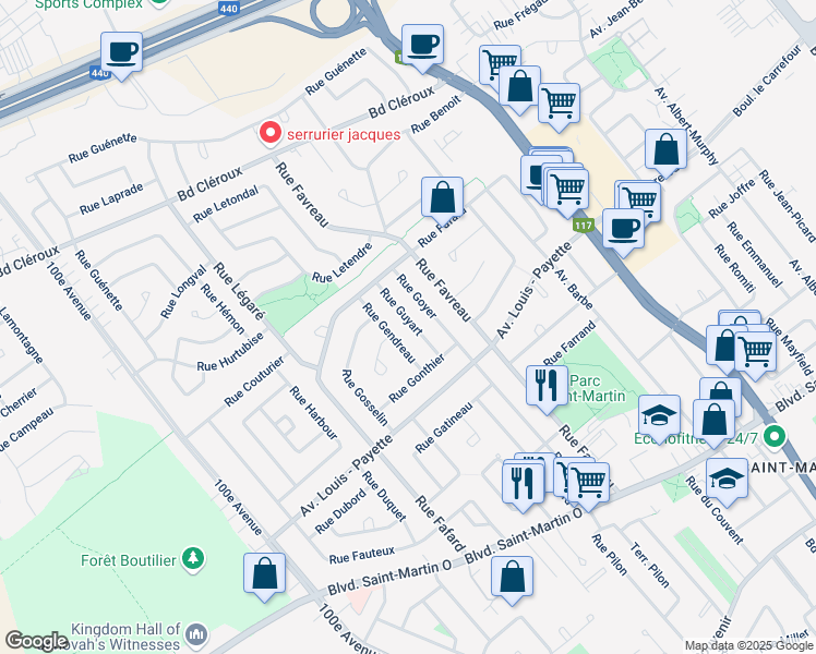map of restaurants, bars, coffee shops, grocery stores, and more near 2104 Rue Guyart in Laval