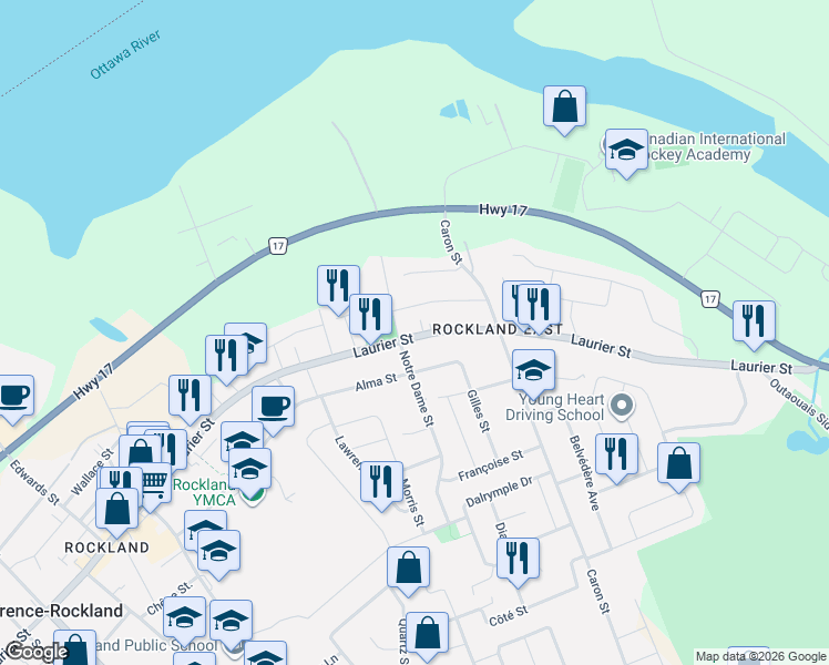 map of restaurants, bars, coffee shops, grocery stores, and more near 1026 Laurier Street in Clarence-Rockland