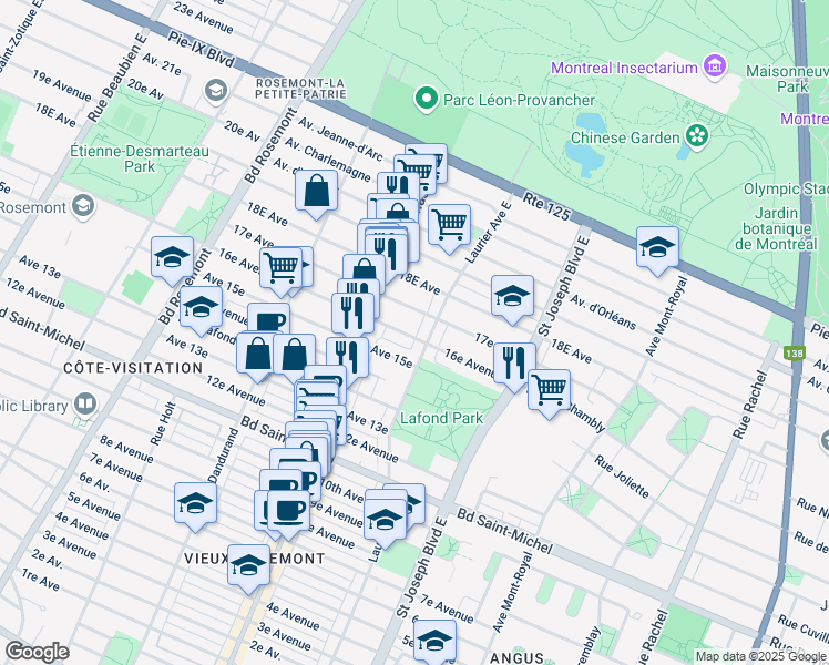 map of restaurants, bars, coffee shops, grocery stores, and more near 5275 16e Avenue in Montréal