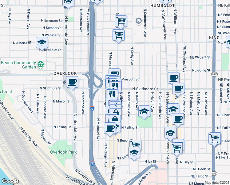 map of restaurants, bars, coffee shops, grocery stores, and more near 4220 North Mississippi Avenue in Portland