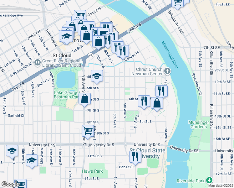 map of restaurants, bars, coffee shops, grocery stores, and more near 514 6th Avenue South in St. Cloud