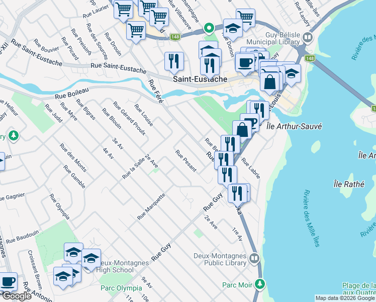 map of restaurants, bars, coffee shops, grocery stores, and more near 152 Rue Beauchesne in Saint-Eustache