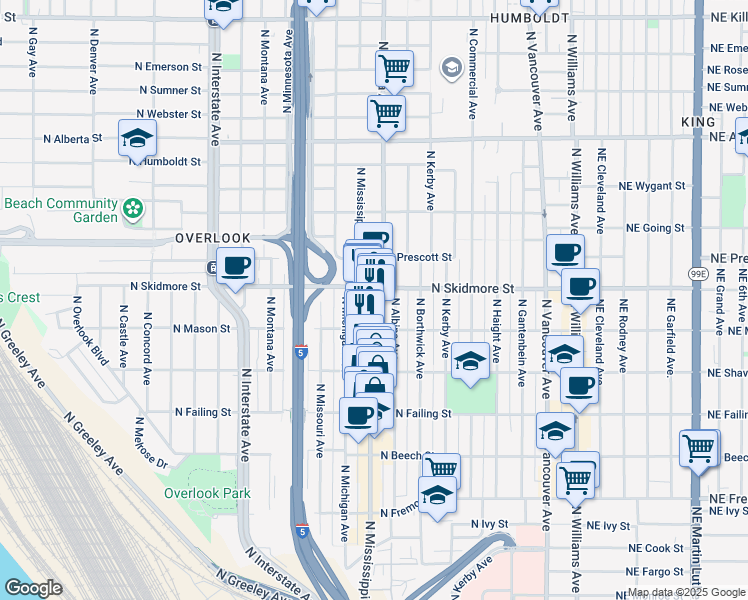map of restaurants, bars, coffee shops, grocery stores, and more near 4220 North Mississippi Avenue in Portland