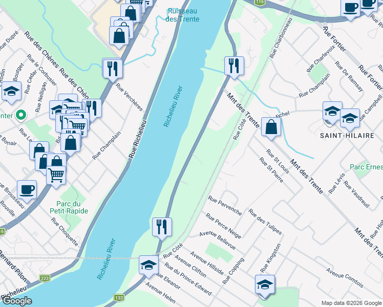 map of restaurants, bars, coffee shops, grocery stores, and more near 287 Chemin des Patriotes Sud in Mont-Saint-Hilaire