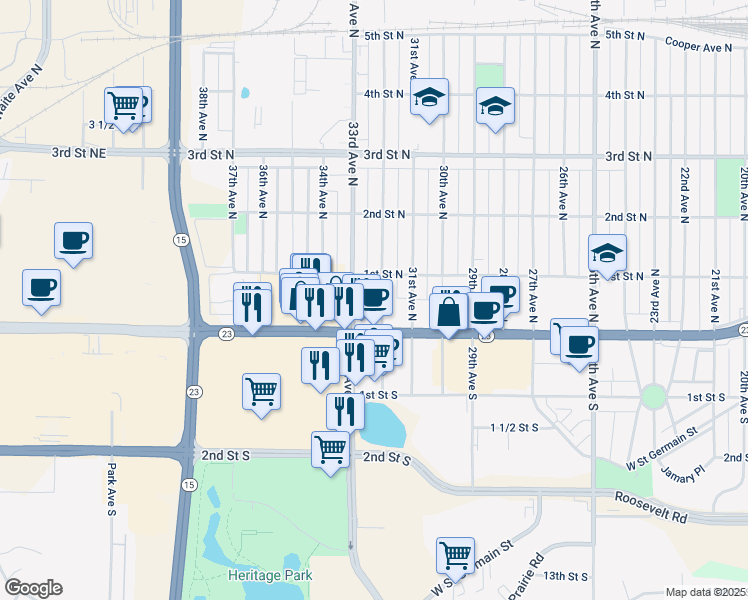 map of restaurants, bars, coffee shops, grocery stores, and more near 3207 Division Street in St. Cloud