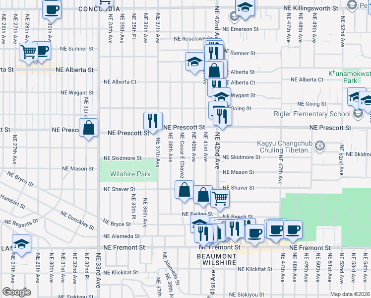 map of restaurants, bars, coffee shops, grocery stores, and more near 4334 Northeast Cesar E Chavez Boulevard in Portland