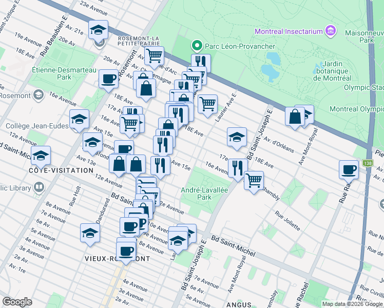 map of restaurants, bars, coffee shops, grocery stores, and more near 5275 16e Avenue in Montréal