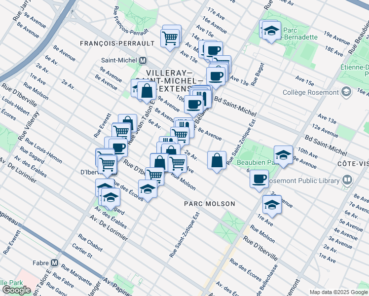 map of restaurants, bars, coffee shops, grocery stores, and more near 6905 2e Avenue in Montréal