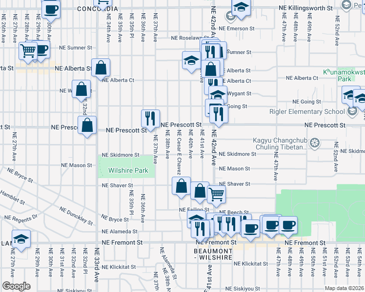 map of restaurants, bars, coffee shops, grocery stores, and more near 4334 Northeast Cesar E Chavez Boulevard in Portland