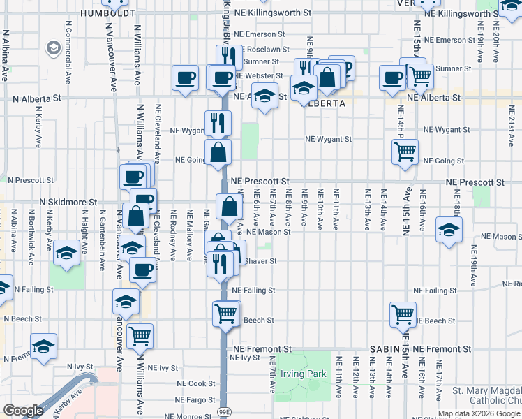 map of restaurants, bars, coffee shops, grocery stores, and more near 4228 Northeast 6th Avenue in Portland