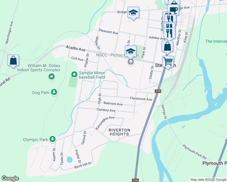 map of restaurants, bars, coffee shops, grocery stores, and more near 9 Terrace Avenue in Stellarton