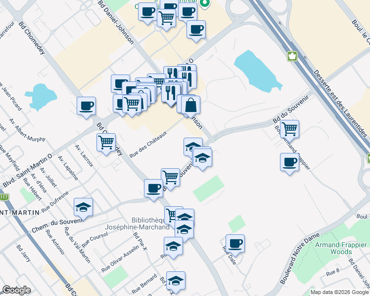map of restaurants, bars, coffee shops, grocery stores, and more near 3245 Boulevard du Souvenir in Laval