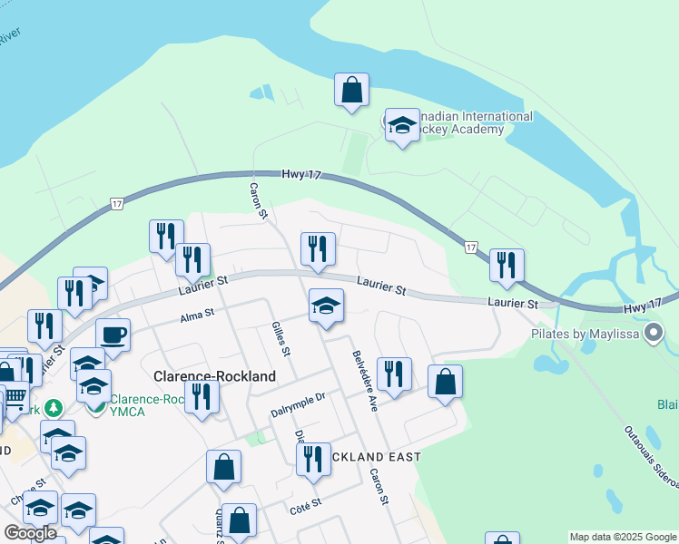 map of restaurants, bars, coffee shops, grocery stores, and more near 632 Laurier Street in Clarence-Rockland