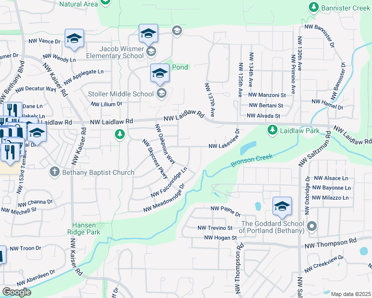 map of restaurants, bars, coffee shops, grocery stores, and more near 13835 Northwest Lakeview Drive in Portland
