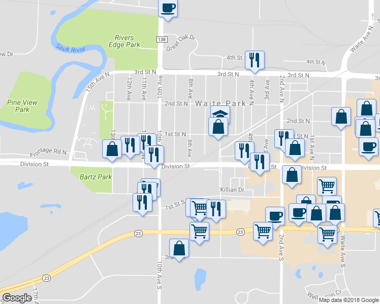 map of restaurants, bars, coffee shops, grocery stores, and more near 18 8th Avenue in Waite Park