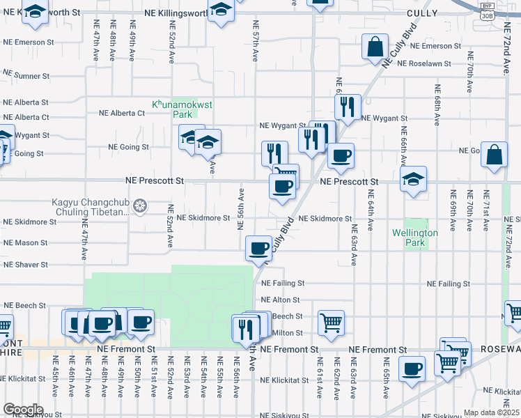 map of restaurants, bars, coffee shops, grocery stores, and more near 5702-5710 Northeast Prescott Street in Portland