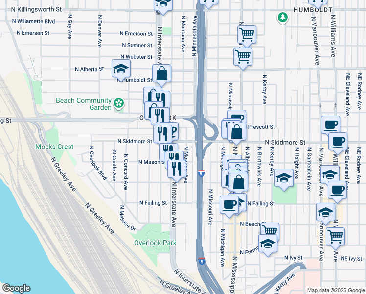 map of restaurants, bars, coffee shops, grocery stores, and more near 4412 North Maryland Avenue in Portland